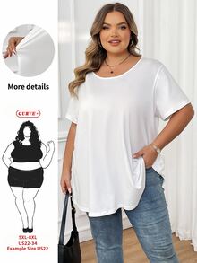 SHEIN CURVE+ Blusa sencilla y casual de talla grande de unicolor con cuello redondo y manga corta - Blanco - Ver 1