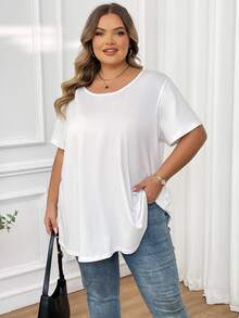 SHEIN CURVE+ Blusa sencilla y casual de talla grande de unicolor con cuello redondo y manga corta - Blanco - Ver 5