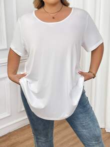 SHEIN CURVE+ Blusa sencilla y casual de talla grande de unicolor con cuello redondo y manga corta - Blanco - Ver 4