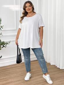 SHEIN CURVE+ Blusa sencilla y casual de talla grande de unicolor con cuello redondo y manga corta - Blanco - Ver 6