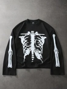 PAVTROS Men's Skeleton Graphic Casual Everyday Long Sleeve T-Shirt - Black - View 3