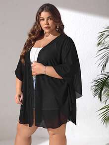 SHEIN CURVE+ Plus Size Basic Batwing Sleeve Kimono - Black - View 4