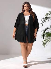 SHEIN CURVE+ Plus Size Basic Batwing Sleeve Kimono - Black - View 5
