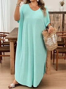SHEIN CURVE+ 大尺碼女款純色V領蝙蝠袖口袋休閒寬鬆T恤洋裝，夏季鄉村海灘居家度假穿搭，淺藍色 - 淺藍色 - 查看 9