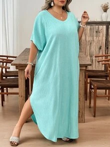 SHEIN CURVE+ 大尺碼女款純色V領蝙蝠袖口袋休閒寬鬆T恤洋裝，夏季鄉村海灘居家度假穿搭，淺藍色 - 淺藍色 - 查看 3
