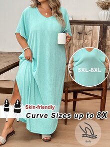 SHEIN CURVE+ 大尺碼女款純色V領蝙蝠袖口袋休閒寬鬆T恤洋裝，夏季鄉村海灘居家度假穿搭，淺藍色 - 淺藍色 - 查看 11