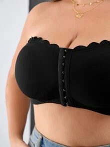 SHEIN CURVE+ Curve 大尺碼女款前扣短版上衣，黑色，夏季可愛性感，適合夜生活、約會之夜、電音派對、夜店，親膚材質 - 黑色 - 查看 7