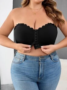 SHEIN CURVE+ Curve 大尺碼女款前扣短版上衣，黑色，夏季可愛性感，適合夜生活、約會之夜、電音派對、夜店，親膚材質 - 黑色 - 查看 3
