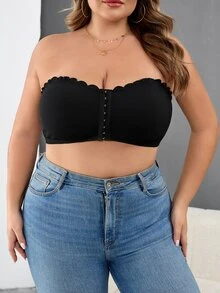 SHEIN CURVE+ Curve 大尺碼女款前扣短版上衣，黑色，夏季可愛性感，適合夜生活、約會之夜、電音派對、夜店，親膚材質 - 黑色 - 查看 6