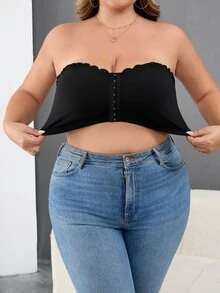SHEIN CURVE+ Curve 大尺碼女款前扣短版上衣，黑色，夏季可愛性感，適合夜生活、約會之夜、電音派對、夜店，親膚材質 - 黑色 - 查看 9