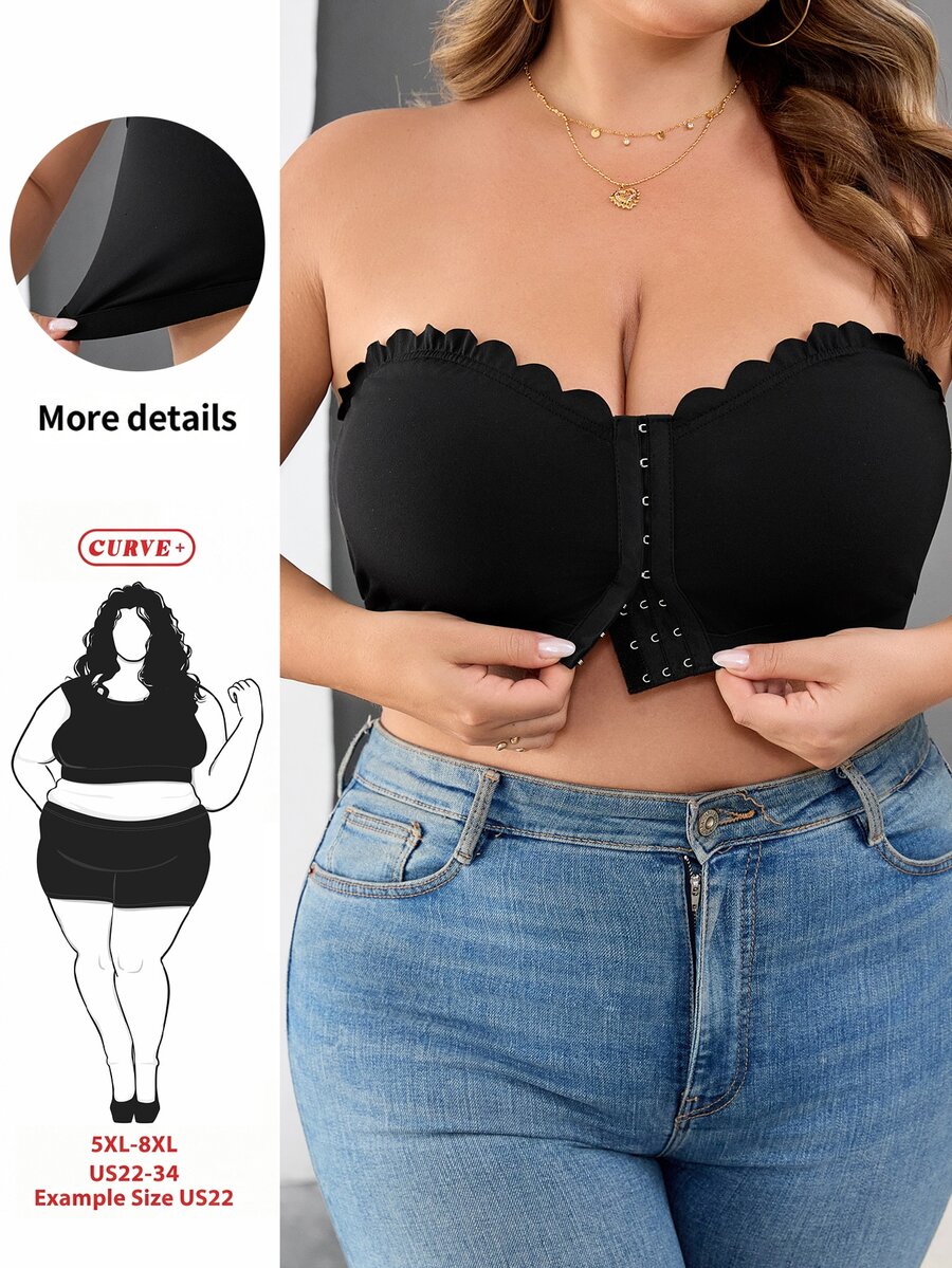 SHEIN CURVE+ Curve 大尺碼女款前扣短版上衣，黑色，夏季可愛性感，適合夜生活、約會之夜、電音派對、夜店，親膚材質 - 黑色 - 查看 1