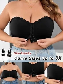 SHEIN CURVE+ Curve 大尺碼女款前扣短版上衣，黑色，夏季可愛性感，適合夜生活、約會之夜、電音派對、夜店，親膚材質 - 黑色 - 查看 10