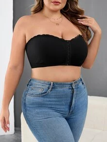 SHEIN CURVE+ Curve 大尺碼女款前扣短版上衣，黑色，夏季可愛性感，適合夜生活、約會之夜、電音派對、夜店，親膚材質 - 黑色 - 查看 4