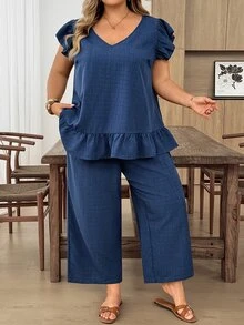 SHEIN CURVE+ 2件組大尺碼女款純色單排扣短袖襯衫與長褲套裝 海軍藍 夏季 正式 度假 外出 休閒 寬鬆 - 藍色 - 查看 6