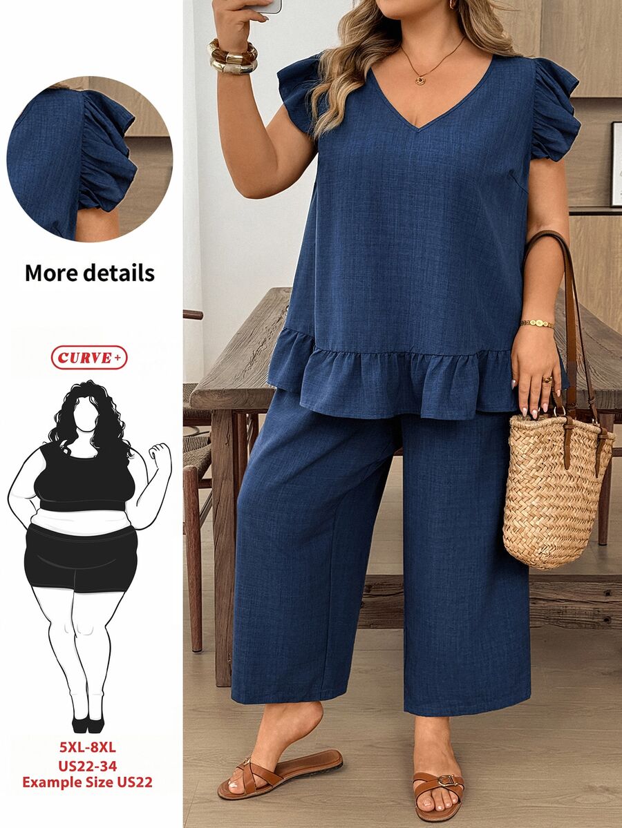 SHEIN CURVE+ 2件組大尺碼女款純色單排扣短袖襯衫與長褲套裝 海軍藍 夏季 正式 度假 外出 休閒 寬鬆 - 藍色 - 查看 1