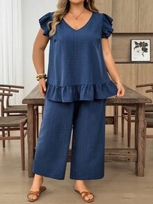 SHEIN CURVE+ 2件組大尺碼女款純色單排扣短袖襯衫與長褲套裝 海軍藍 夏季 正式 度假 外出 休閒 寬鬆 - 藍色 - 查看 5