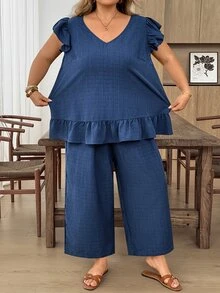 SHEIN CURVE+ 2件組大尺碼女款純色單排扣短袖襯衫與長褲套裝 海軍藍 夏季 正式 度假 外出 休閒 寬鬆 - 藍色 - 查看 10