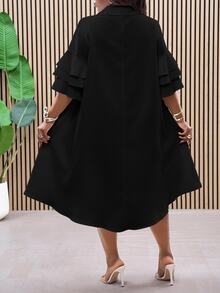 SHEIN CURVE+ 2025 年新款女装 - 狂欢、复活节、老钱风格、乡村音乐会、外出、仙女风、节日、热带度假、适合春夏季、夏季服装、狂欢、欧洲夏季、春季、西部服装加大码、音乐会、毕业典礼、适合日常通勤、商务休闲、极简休闲沙滩装 - 分层荷叶边袖衬衫、不对称下摆中长连衣裙、曲线加大码、波西米亚度假加大码带袖连衣裙 8xl 女装 5xl 加大码荷叶边连衣裙加大码 - 黑色 - 查看 10