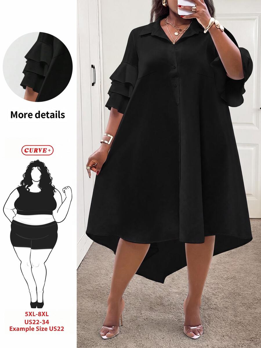 SHEIN CURVE+ 2025 年新款女装 - 狂欢、复活节、老钱风格、乡村音乐会、外出、仙女风、节日、热带度假、适合春夏季、夏季服装、狂欢、欧洲夏季、春季、西部服装加大码、音乐会、毕业典礼、适合日常通勤、商务休闲、极简休闲沙滩装 - 分层荷叶边袖衬衫、不对称下摆中长连衣裙、曲线加大码、波西米亚度假加大码带袖连衣裙 8xl 女装 5xl 加大码荷叶边连衣裙加大码 - 黑色 - 查看 1