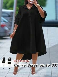 SHEIN CURVE+ 2025 年新款女装 - 狂欢、复活节、老钱风格、乡村音乐会、外出、仙女风、节日、热带度假、适合春夏季、夏季服装、狂欢、欧洲夏季、春季、西部服装加大码、音乐会、毕业典礼、适合日常通勤、商务休闲、极简休闲沙滩装 - 分层荷叶边袖衬衫、不对称下摆中长连衣裙、曲线加大码、波西米亚度假加大码带袖连衣裙 8xl 女装 5xl 加大码荷叶边连衣裙加大码 - 黑色 - 查看 5