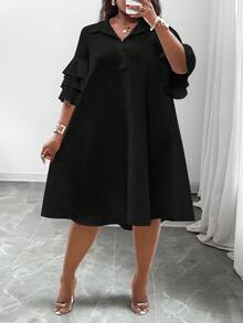 SHEIN CURVE+ 2025 年新款女装 - 狂欢、复活节、老钱风格、乡村音乐会、外出、仙女风、节日、热带度假、适合春夏季、夏季服装、狂欢、欧洲夏季、春季、西部服装加大码、音乐会、毕业典礼、适合日常通勤、商务休闲、极简休闲沙滩装 - 分层荷叶边袖衬衫、不对称下摆中长连衣裙、曲线加大码、波西米亚度假加大码带袖连衣裙 8xl 女装 5xl 加大码荷叶边连衣裙加大码 - 黑色 - 查看 2