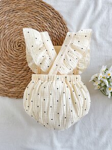 Vintaside Kids 新生女嬰波點印花荷葉袖連身衣 荷葉邊連身褲 可愛夏季連身衣 一件式套裝 - 米色 - 查看 2