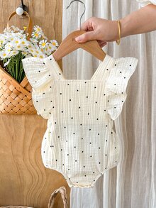 Vintaside Kids 新生女嬰波點印花荷葉袖連身衣 荷葉邊連身褲 可愛夏季連身衣 一件式套裝 - 米色 - 查看 4