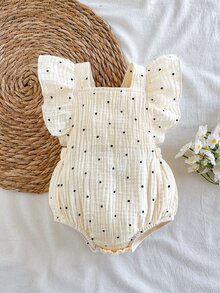Vintaside Kids 新生女嬰波點印花荷葉袖連身衣 荷葉邊連身褲 可愛夏季連身衣 一件式套裝 - 米色 - 查看 3