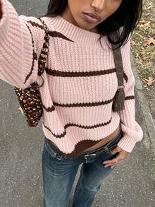 FavEase Striped Pattern Asymmetrical Shoulder Drop Shoulder Sweater - Multicolor - View 1
