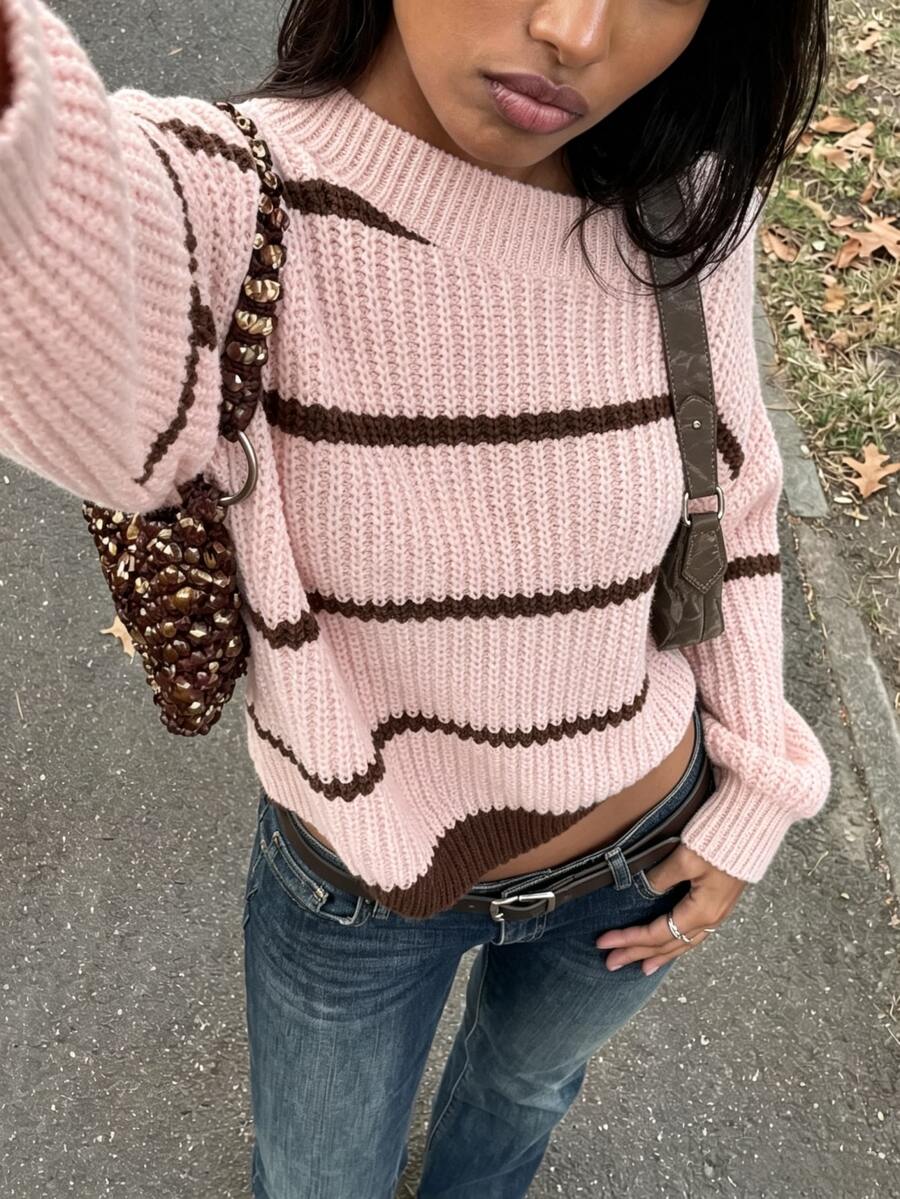 FavEase Striped Pattern Asymmetrical Shoulder Drop Shoulder Sweater - Multicolor - View 1