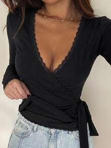 DAZY Spring Summer Women's Waist-Cinching Tie-Front Colorblock Lace Trim Patchwork Fitted Bodycon Vacation Street Casual T-Shirt Fall - Black - View 8