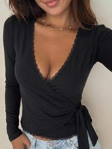 DAZY Spring Summer Women's Waist-Cinching Tie-Front Colorblock Lace Trim Patchwork Fitted Bodycon Vacation Street Casual T-Shirt Fall - Black - View 6
