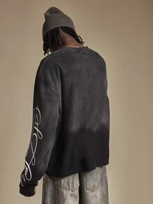 SUMWON Club Washed Waffle Knit Long Sleeve Crew Neck Oversized Tee With Cursive Script Sleeve Print - Black - View 5