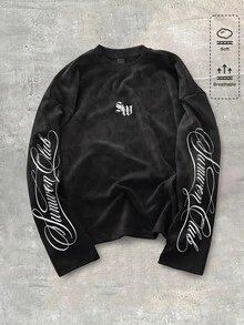 SUMWON Club Washed Waffle Knit Long Sleeve Crew Neck Oversized Tee With Cursive Script Sleeve Print - Black - View 7