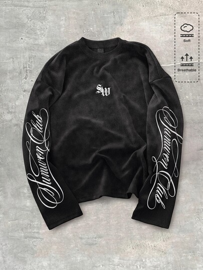 SUMWON Club Washed Waffle Knit Long Sleeve Crew Neck Oversized Tee With Cursive Script Sleeve Print