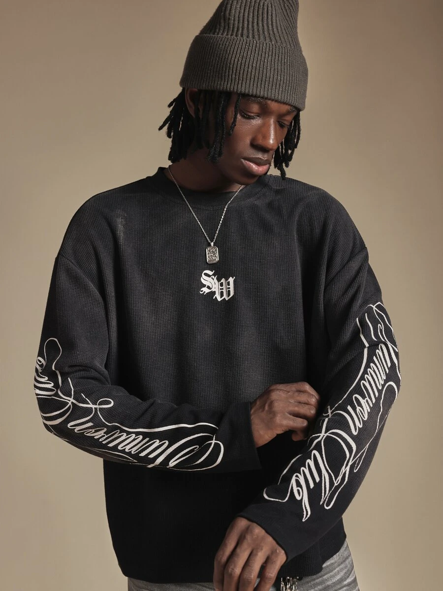 SUMWON Club Washed Waffle Knit Long Sleeve Crew Neck Oversized Tee With Cursive Script Sleeve Print - Black - View 1