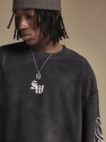 SUMWON Club Washed Waffle Knit Long Sleeve Crew Neck Oversized Tee With Cursive Script Sleeve Print - Black - View 4
