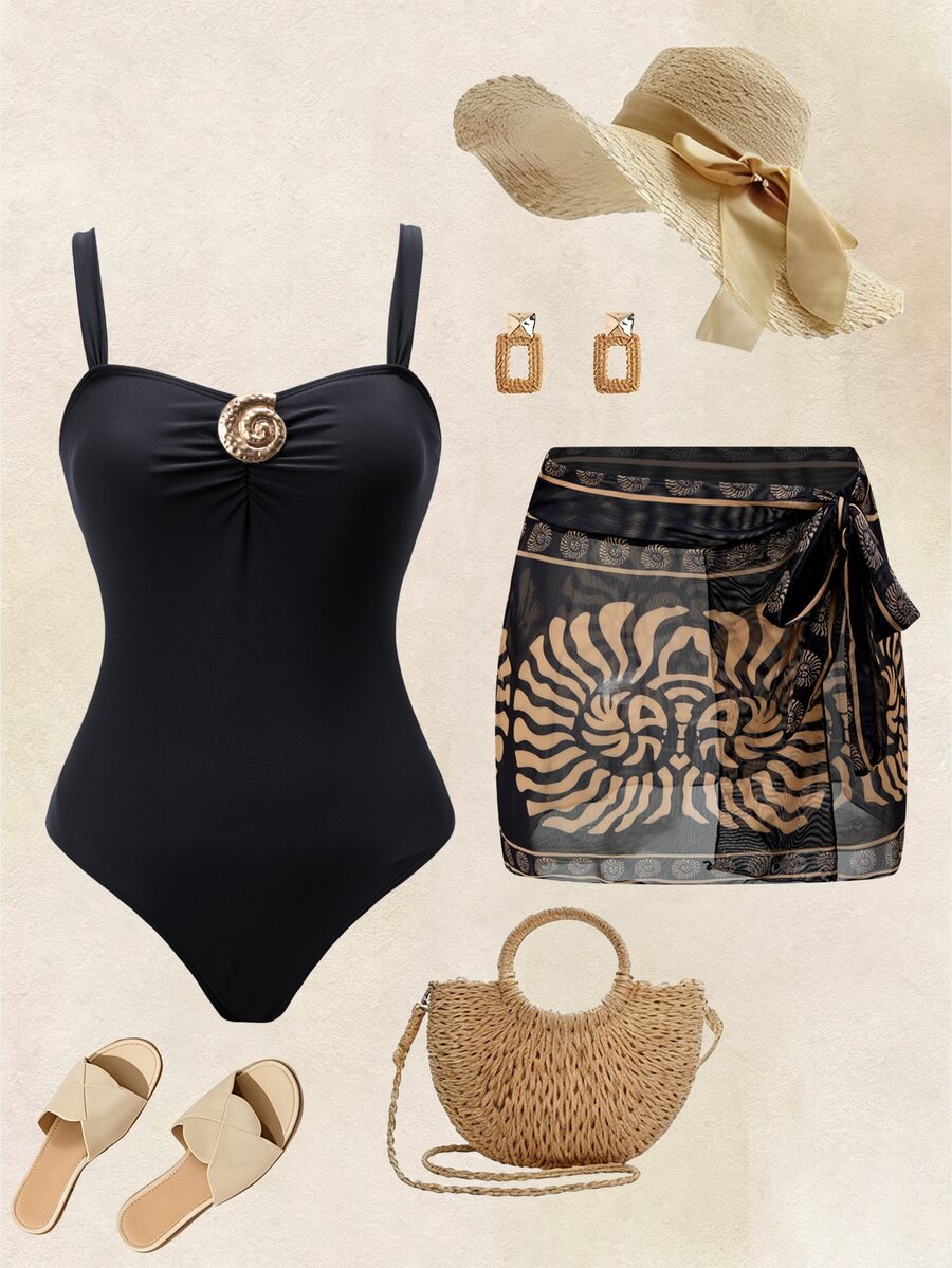 SHEIN Swim Women's Spring/Summer Vacation Print Black Seashell Metal Buckle Decor One-Piece Swimsuit With Wrap Skirt Beach Vacation European Jamaican - Black - View 1
