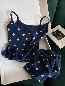 Franclia Women's Casual Vacation Bear Print Camisole & Shorts 2 Pieces Set - Navy Blue - View 2