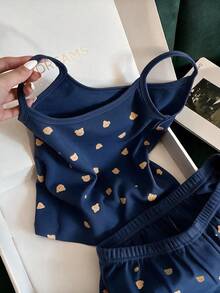 Franclia Women's Casual Vacation Bear Print Camisole & Shorts 2 Pieces Set - Navy Blue - View 3