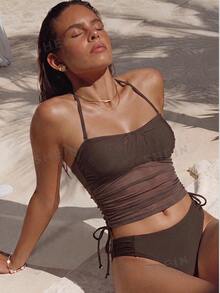 Swim Chiccia 2026 New Summer Beach Vacation Party Detachable Halter Tankini Set - Coffee Brown - View 1