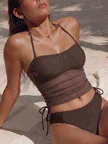 Swim Chiccia 2026 New Summer Beach Vacation Party Detachable Halter Tankini Set - Coffee Brown - View 5