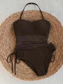 Swim Chiccia 2026 New Summer Beach Vacation Party Detachable Halter Tankini Set - Coffee Brown - View 4