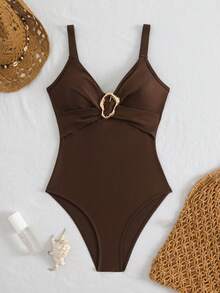 Swim Chiccia Baju Renang Terusan Bergaris dengan Detail Silang di Dada, Terbuat dari Kain Khusus - Coffee Brown - View 5