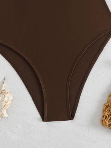 Swim Chiccia Baju Renang Terusan Bergaris dengan Detail Silang di Dada, Terbuat dari Kain Khusus - Coffee Brown - View 7