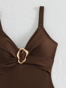 Swim Chiccia Baju Renang Terusan Bergaris dengan Detail Silang di Dada, Terbuat dari Kain Khusus - Coffee Brown - View 6