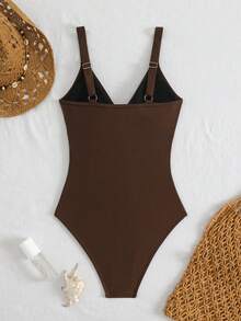 Swim Chiccia Baju Renang Terusan Bergaris dengan Detail Silang di Dada, Terbuat dari Kain Khusus - Coffee Brown - View 2