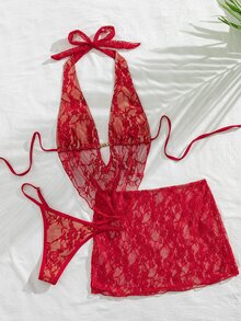 SHEIN Swim Women Red Summer Elegant Flowy Beach Holiday 3-Piece Bikini Set With Lace Mini Skirt Cover Up,Beaded Halter Backless Top&Ruched Bottom Swimwear - Red - View 7