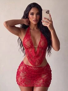 SHEIN Swim Women Red Summer Elegant Flowy Beach Holiday 3-Piece Bikini Set With Lace Mini Skirt Cover Up,Beaded Halter Backless Top&Ruched Bottom Swimwear - Red - View 5
