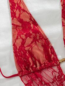 SHEIN Swim Women Red Summer Elegant Flowy Beach Holiday 3-Piece Bikini Set With Lace Mini Skirt Cover Up,Beaded Halter Backless Top&Ruched Bottom Swimwear - Red - View 8
